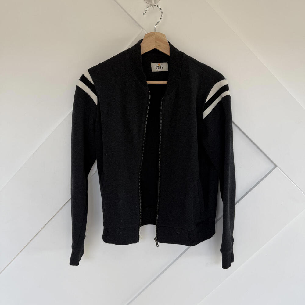 Marine Layer Black Zip-Up Varsity Jacket White Shoulder Stripes, Medium